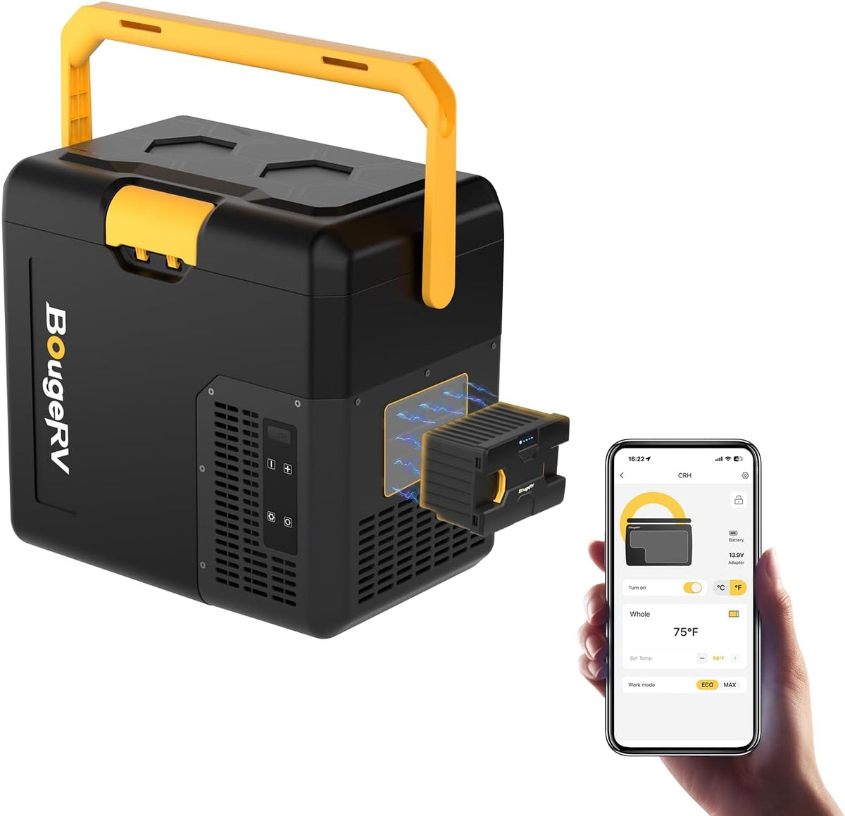 BougeRV Mini-Kühlschrank, 173 Wh, 230 V, 18 L, 12 V, Schwarz/Gelb, CRH Kompressor Kühlbox Auto mit Akku