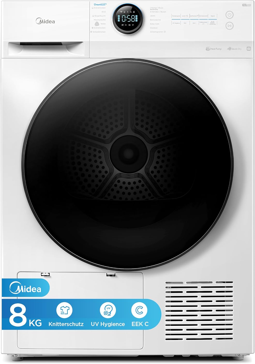 Midea Wärmepumpentrockner, 8 kg, Schwarz, Energieklasse C Fernsteuerung MD20EH80WB-A3