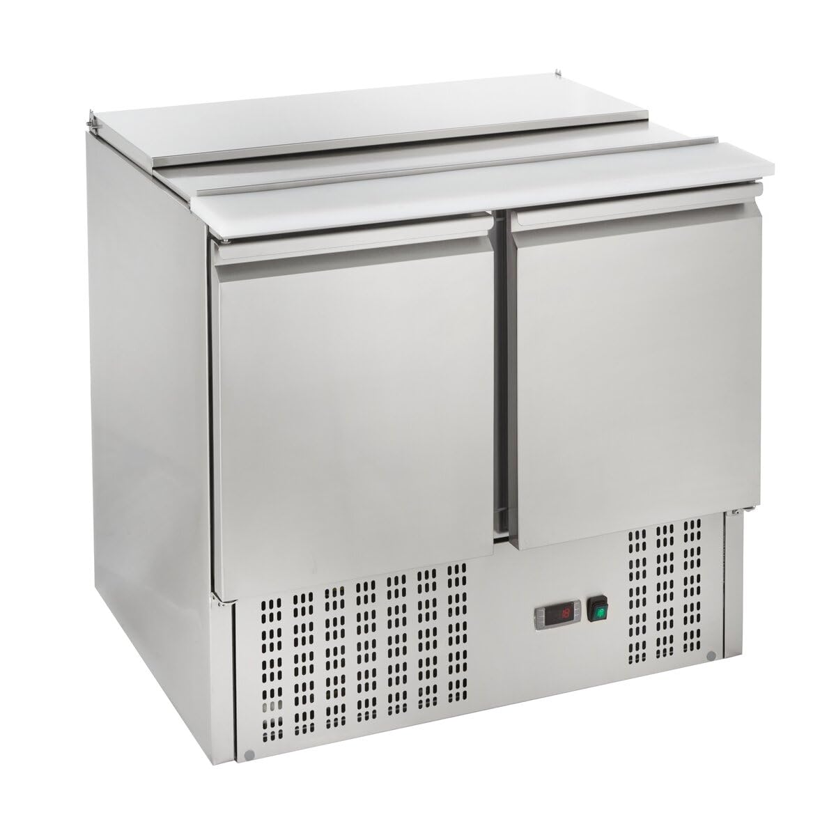 GastroHero Wohnzimmerschrank, 240 Liter, Silber, Saladette Eco 900 mit Kühlung, 2 Edelstahl Türen, 2 Einlegeböden
