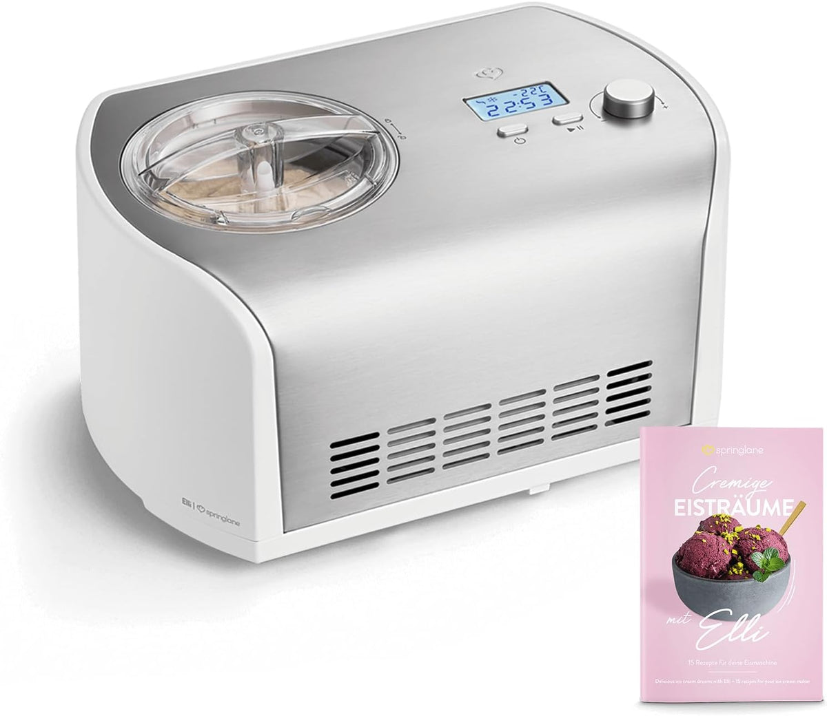 Springlane Kitchen Eismaschine, 1,2 L, 135 W, Weiß/Silber, Elli mit selbstkühlendem Kompressor, inkl. Rezeptheft