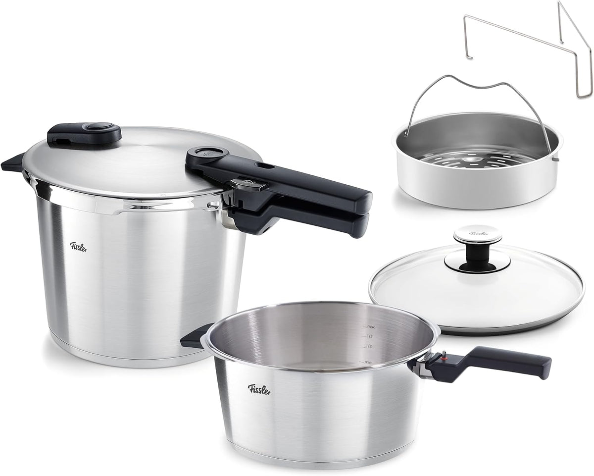 Fissler Schnellkochtöpfe, 3,5 Liter, 22 cm, 6 L, Silber/Schwarz, Vitaquick Premium/Schnellkochtopf-Set 2-teilig