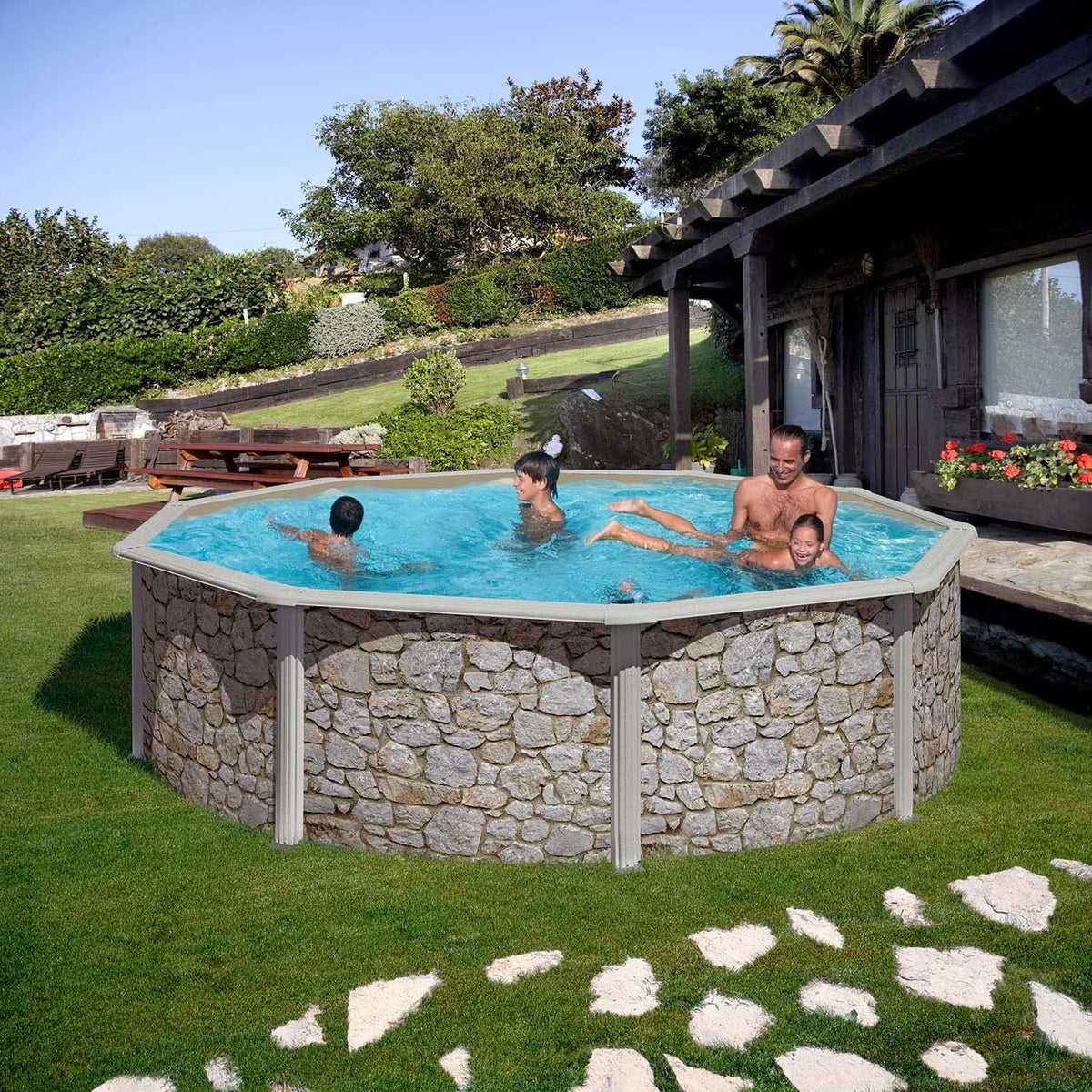 Paradies Pool Stahlrahmenpool, 460x120 cm, 0,4 mm, Beige/Blau, ® Gre Giant rund (Ø x H), Stahlwandbecken Stein, plane in blau