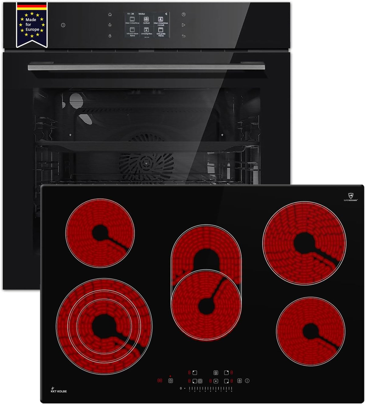 KKT Backofen, 8700 W, Schwarz, KOLBE Herdset SET8017TFTCH77RL, und Glaskeramikkochfeld
