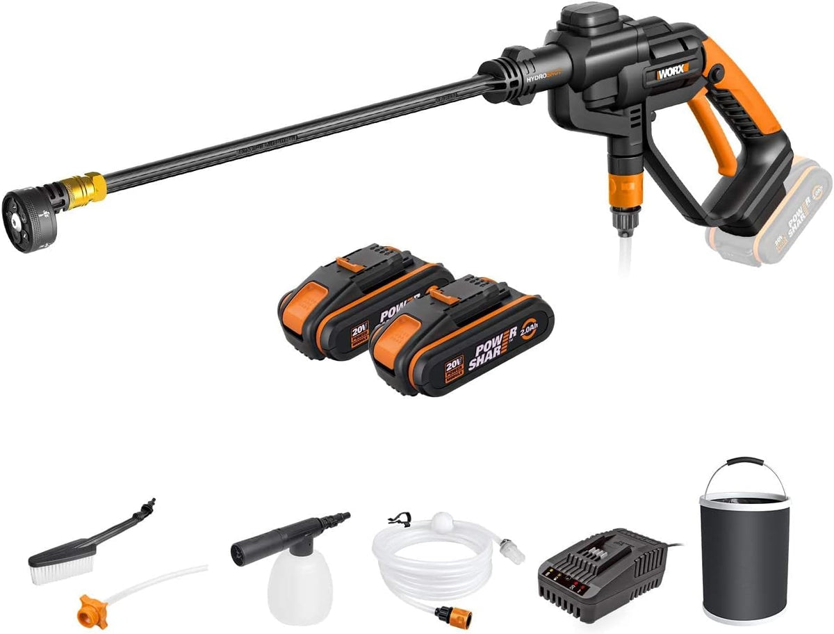 WORX Hochdruckreiniger, 20 V, 6m, Schwarz/Orange, WG620E.4 Akku- Hydroshot, Multi-Sprühdüse, Lange Lanze, Schlauch