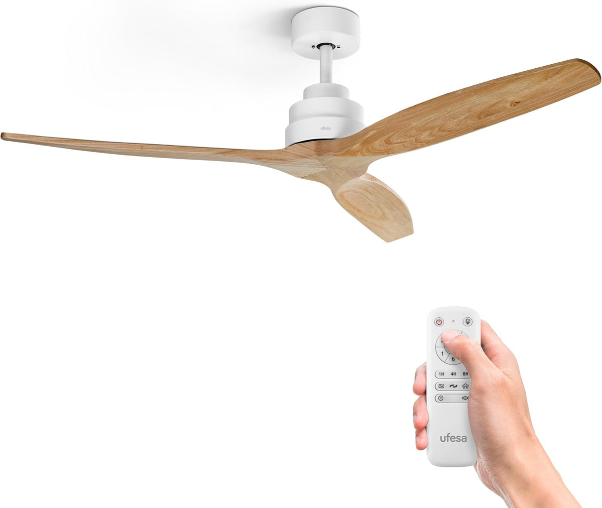 Ufesa Deckenventilator, 132 cm, 40 W, Weiß/Helles Holz, 6 Geschwindigkeiten, Ultra Silent, 3 Naturholzflügel, Sommer - Winter Funktion