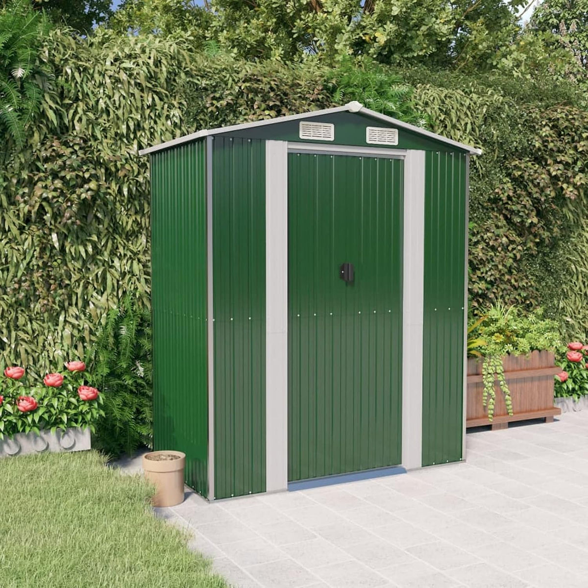 ZEYUAN Gerätehaus, 192x108x223 cm, Verzinkter Stahl, Grün/Grau, Geräteschuppen, Fahrradgarage, Gartenhütte, Fahrradunterstand
