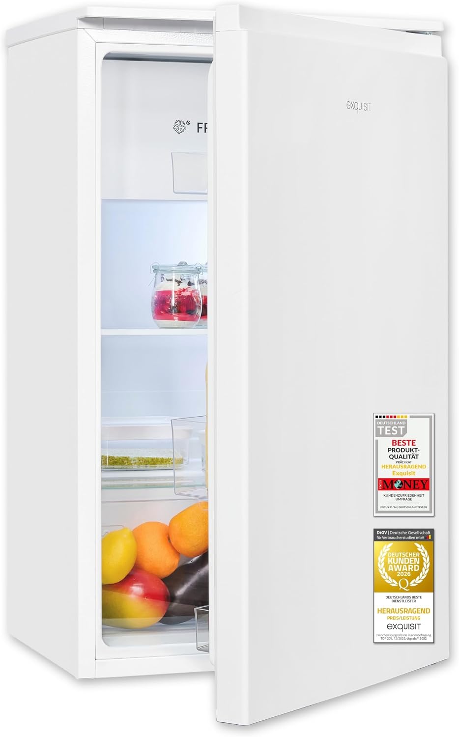 Exquisit Kühlschrank, 38 dB, 82 l, Weiß, mit 3-Sterne-Gefrierfach, Nutzinhalt, Energieeffizienzklasse E, LED-Beleuchtung