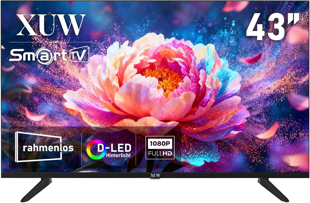 43 Fernseher, Schwarz, Smart TV, Zoll Full HD Smart TV, D-LED-Hintergrundbeleuchtung, randloses Design, HDMI, DVB-T2/S2