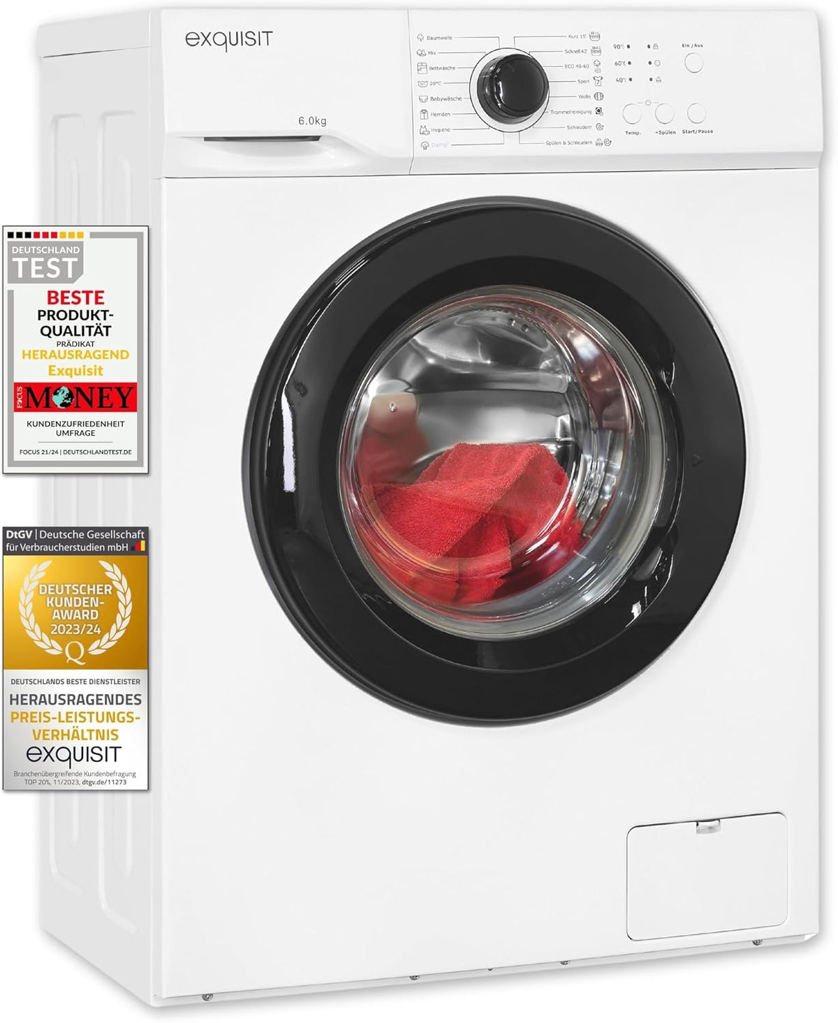 Exquisit Waschmaschine, 6 kg, weiß/schwarz, WA6110-020A weiss, Fassungsvermögen, Energieeffizienzklasse A, 16 Waschprogramme
