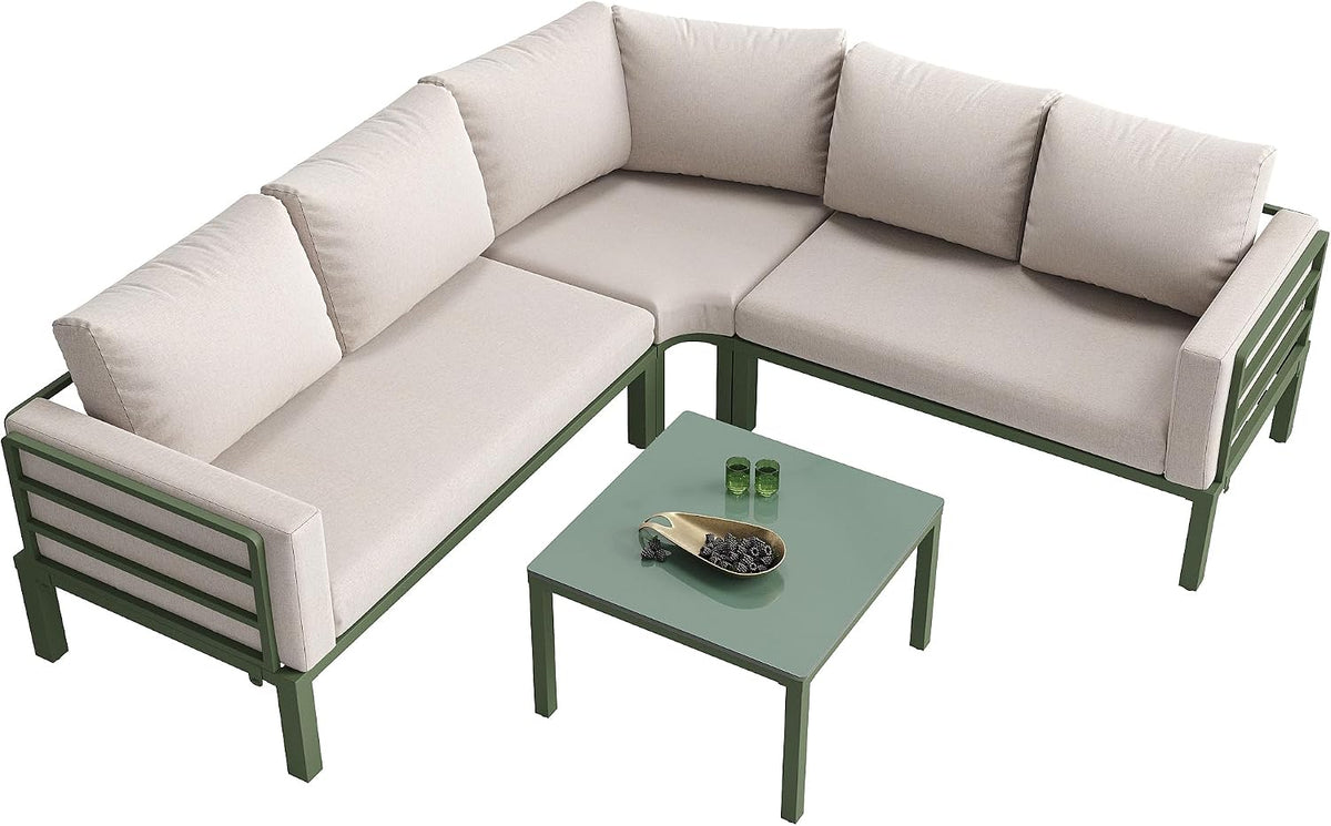 Sofa gonew21, 10 cm, Beige/Grün, Lounge Set für 4‑5 Personen, Mit Eck & Couchtisch, Balkonmöbel Set wetterfest mit Sitzkissen in Beige