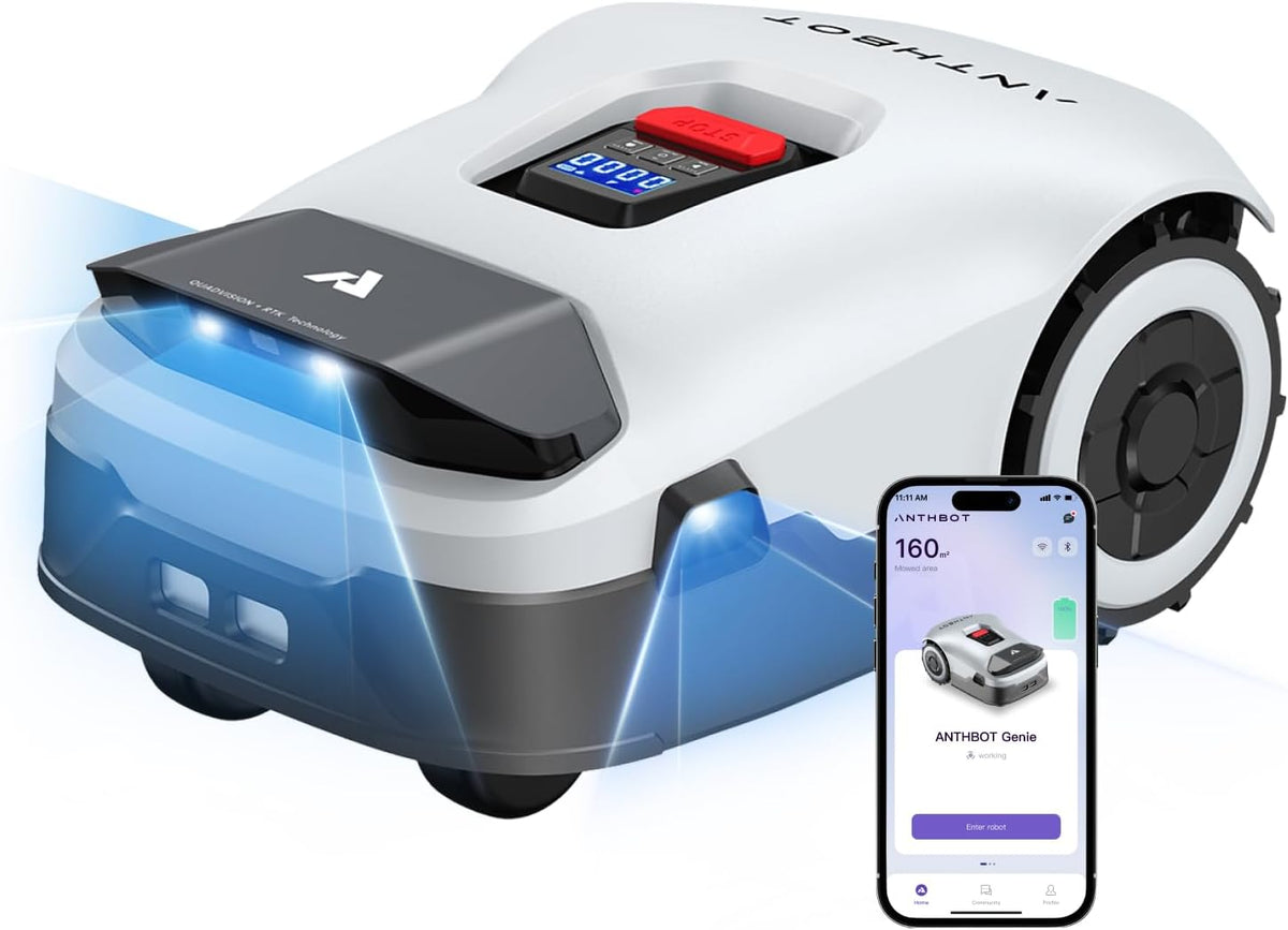 ANTHBOT Mähroboter, 2000 m, Weiß/Schwarz/Blau, Genie 1000 Rasenmäher Roboter ohne Begrenzungskabel, Intelligenter mit RTK & 4-Kamera-Vision