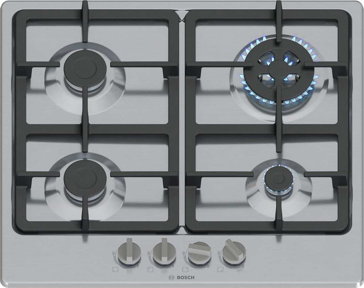 Bosch Gasherd, 3,3 kW, 60 cm, Silber/Schwarz, PGH6B5K90 Serie 4, Wokbrenner: Leistung bis, Grillroste aus Gusseisen