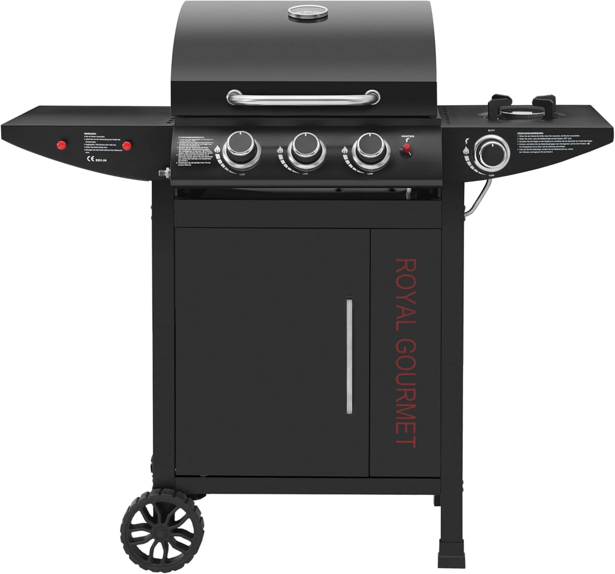 Royal Gourmet Gasgrill, 11,5 kW, Schwarz, 3+1 Brenner Grillwagen mit, Campinggrill mit Seitenbrenner, Outdoor Gas Grill inkl. Haken