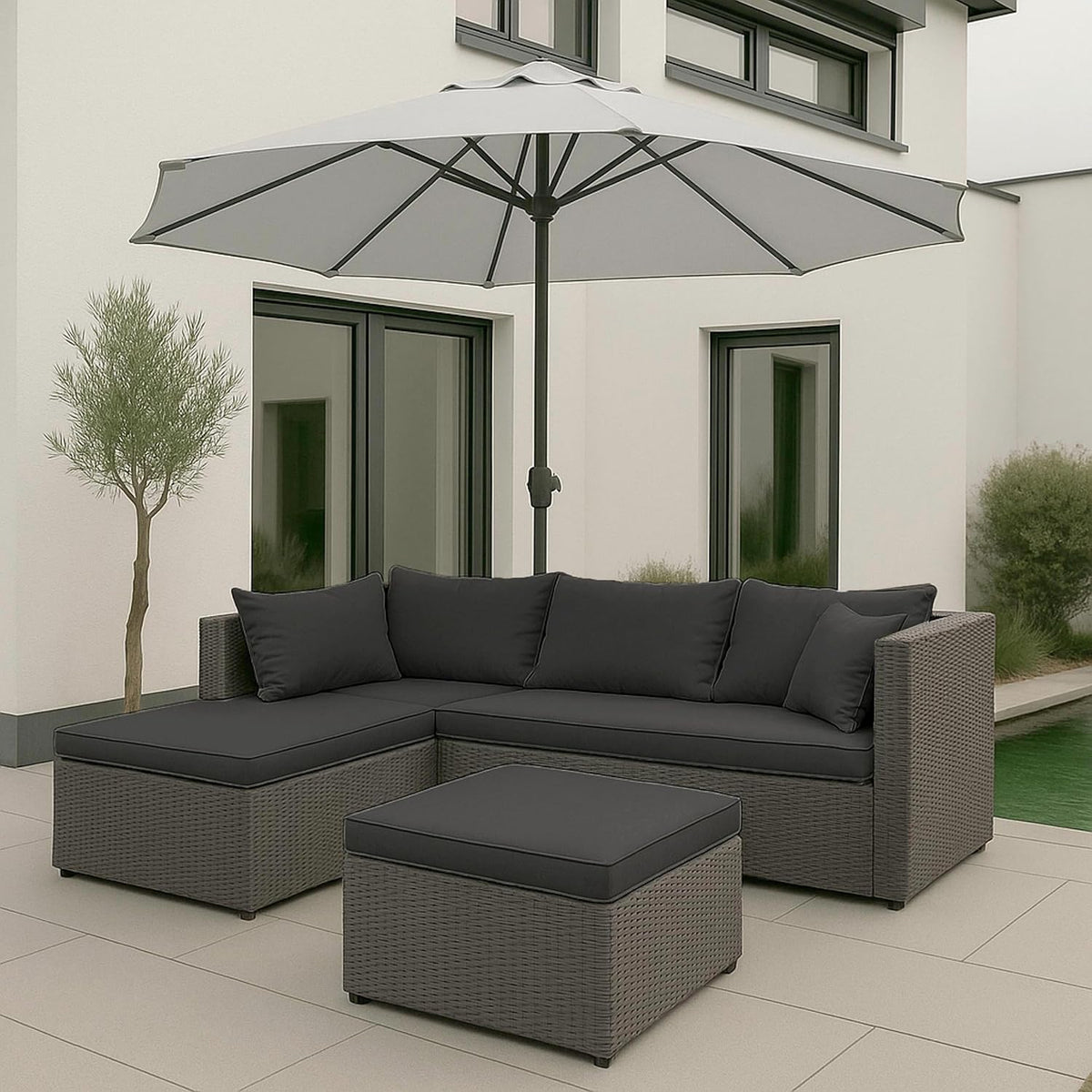 Sofa Mendler, Grau/Dunkelgrau, Poly-Rattan Garnitur HWC-O46, Balkon-/Garten-/Lounge-Set Sitzgruppe - grau Polster