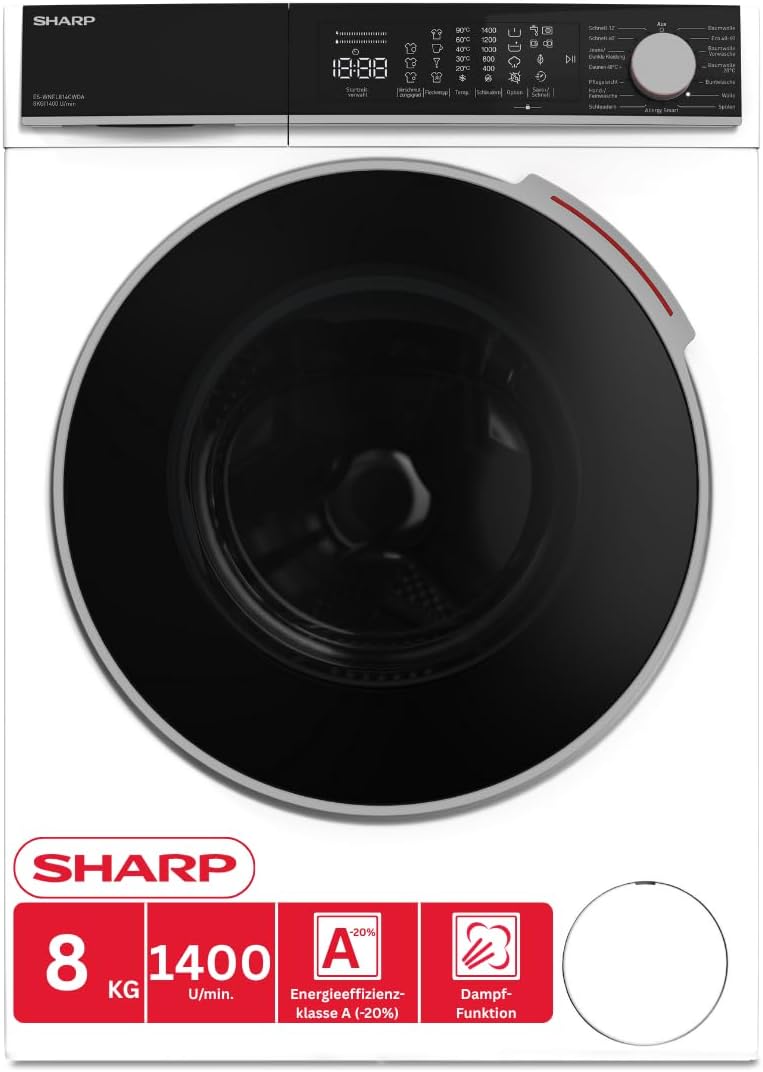SHARP Waschmaschine, 8 kg, Weiß/Schwarz, ES-WNFL814CWDA-DE, 1400 U/Min, A -20% Energieeffizienz, WLAN, Dampf, AllergySmart