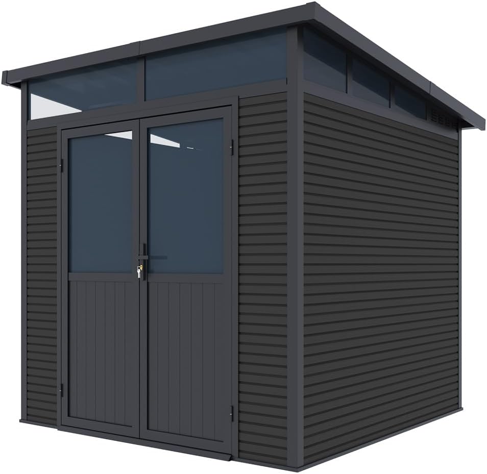 Gerätehaus Weide SONNENSCHUTZ, 218x218x226 cm, Anthrazit, Gartenhaus, wetterfester Geräteschuppen aus Aluminium mit Doppeltür