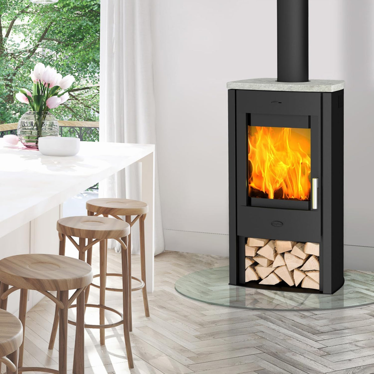 Fireplace Kaminofen, Schwarz/Grau, K5732 Tuvalu Stahl Schwarz, Topplatte Speckstein/A+