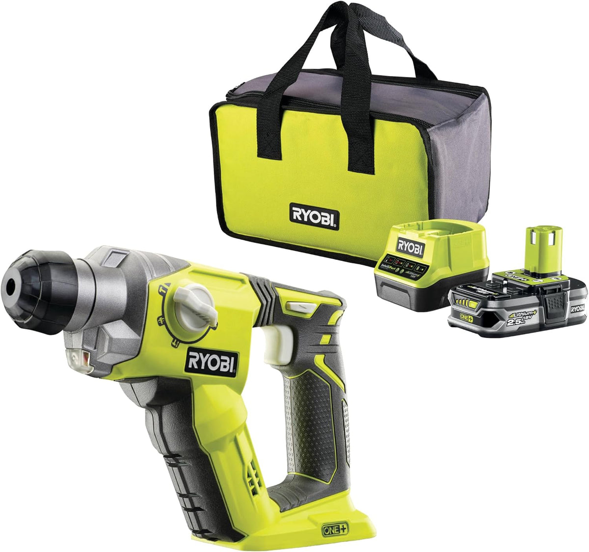 RYOBI Elektrowerkzeug, 2,5 Ah, 18 V, 13 mm, Grün/Schwarz, ONE+ Akku-Bohrhammer R18SDS-125S (Schlagenergie 1.3 J