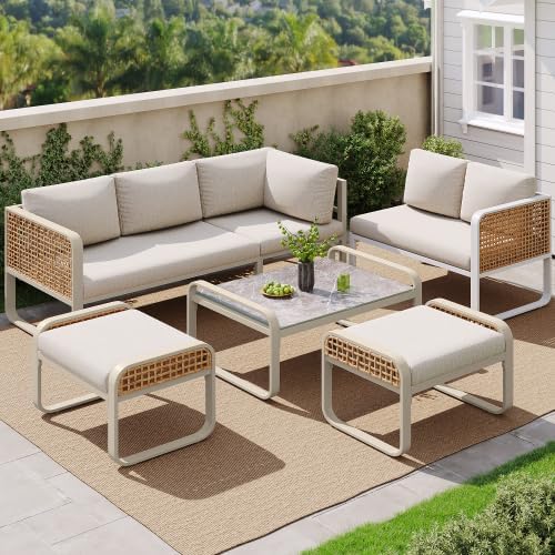 Sofa kozamas, Beige/Braun/Weiß, Gartenmöbel Set für 6-7 Personen, wetterfestes Polyrattan Eck mit verzinktem Metallgestell &