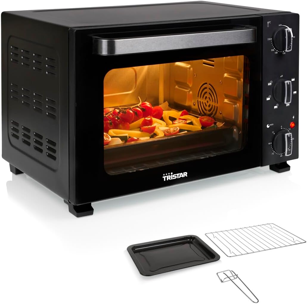Tristar Mini-Öfen, 1500 W, 27 L, Schwarz, Heißluftofen, Kapazität, 6 Heizarten, Umluftfunktion, 90 Min Timer, 230 °C Thermostat