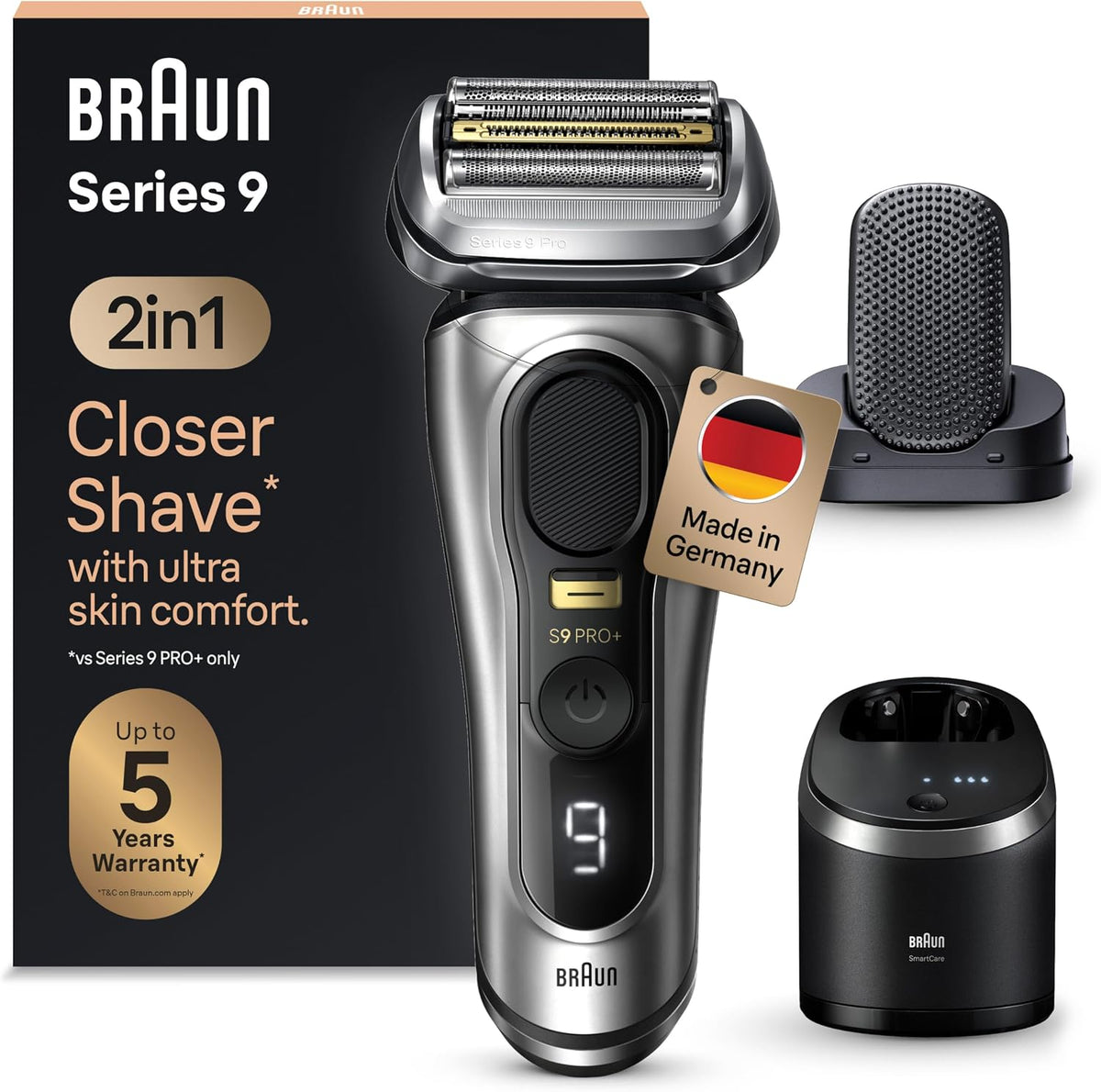 Braun Elektrorasierer, Silber/Schwarz, Series 9 Pro+ Rasierer Herren Elektrisch, mit 5 Rasierelementen, ProComfort Aufsatz