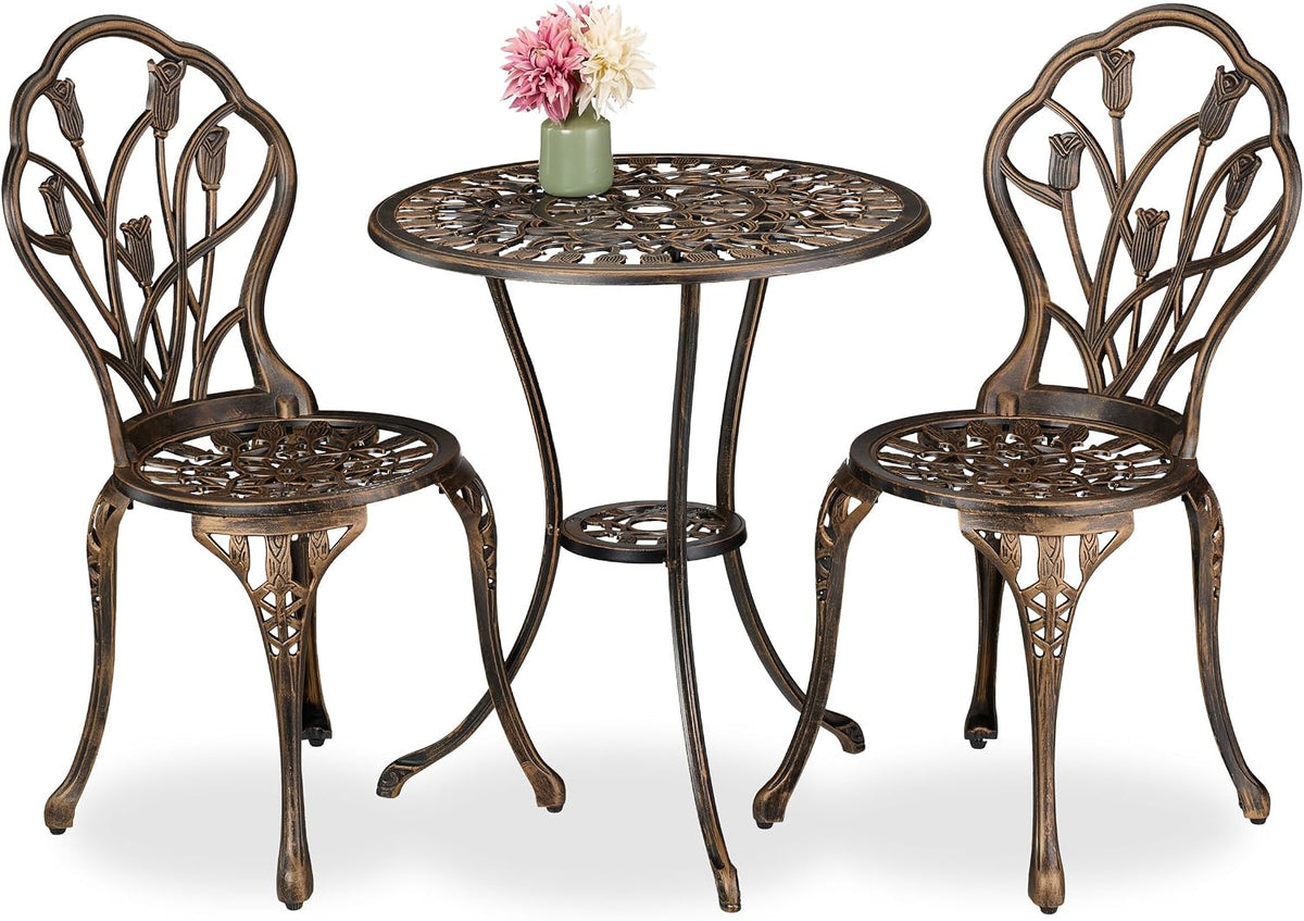 Gartenmöbel-Set Relaxdays, Schwarz/Bronze, Gartenmöbel Set 3-teilig, Tisch, 2 Stühle, Aluguss, Balkonmöbel Antikdesign