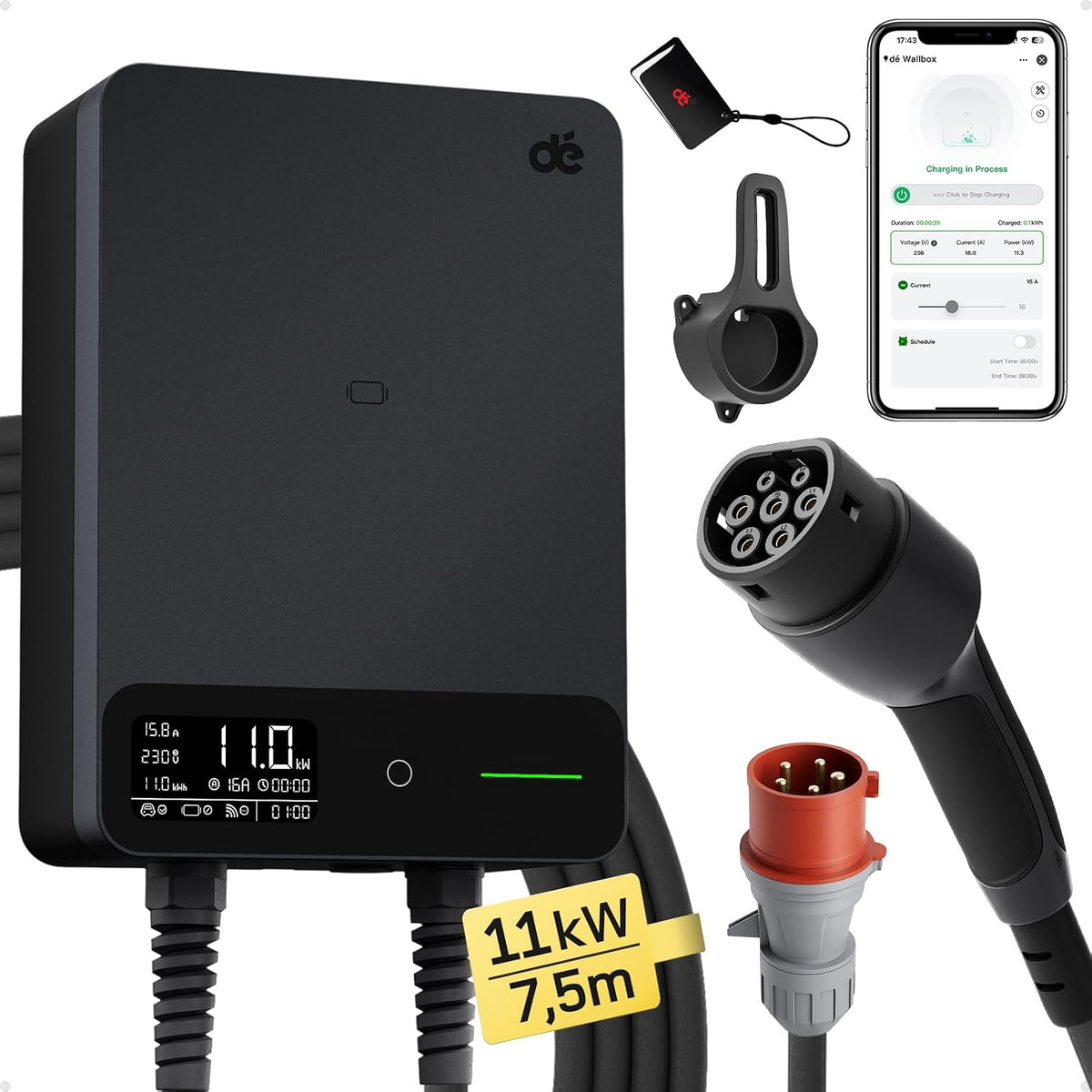 dé Ladestationen, 11 kW, 7,5m, 400 V, Schwarz, Wallbox mit APP, Typ 2 Ladekabel mit Kabelhalter, 3-Phasen EV-Ladegerät (6-16A