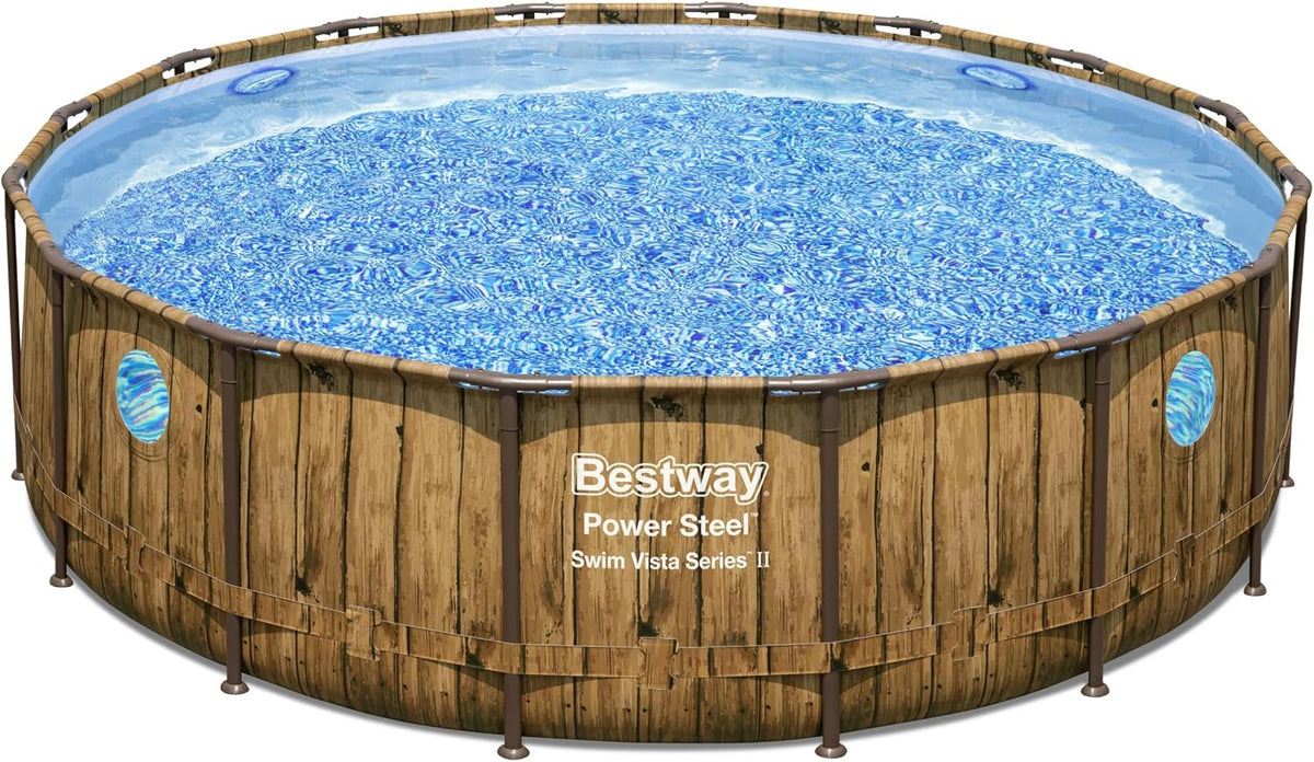 Bestway Stahlrahmenpool, 488 x 122 cm, Holzoptik/Braun/Blau, ® Power Steel Swim Vista Series Ersatz Frame Pool Ø