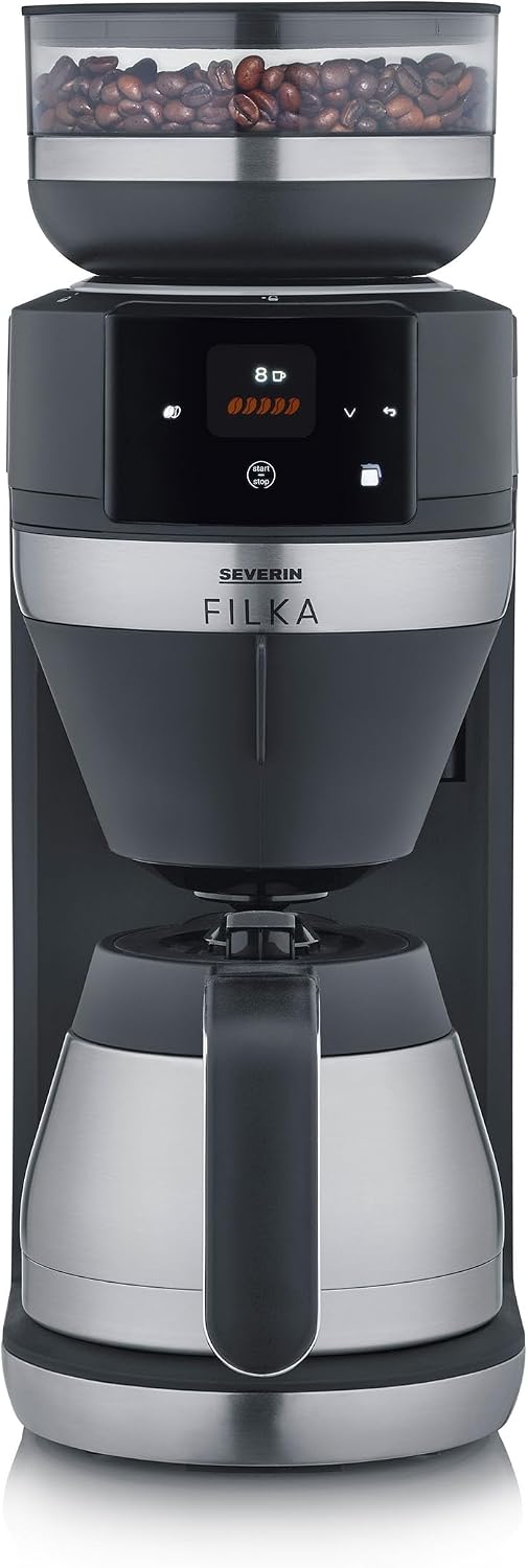SEVERIN Kaffeemaschine, Schwarz-Matt/Edelstahl, FILKA, Vollautomat für Filterkaffee, 5-in-1 Filter mit LED-Display