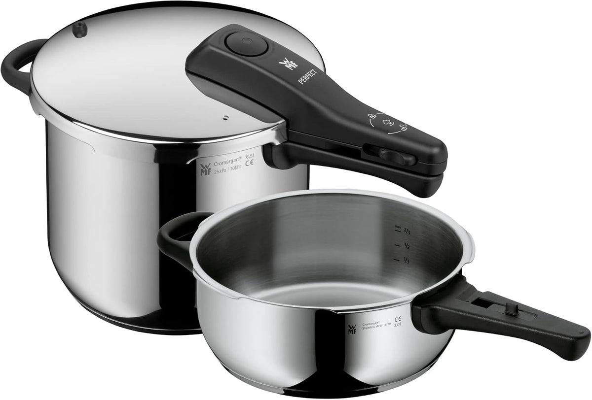 Schnellkochtopf-Set WMF Perfect Schnellkochtöpfe, 6,5l, 3l, Silber/Schwarz, One Pot Induktion 2-teilig, Dampfkochtopf