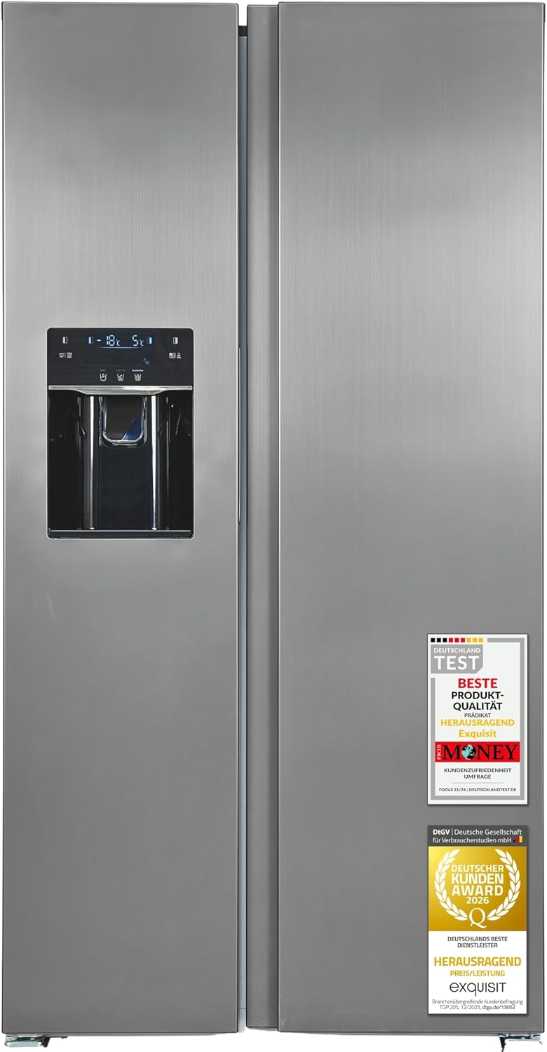 Exquisit Kühl-Gefrierkombination, 513 l, 39 dB, Silber, Side by Side, Nutzinhalt, Energieeffizienzklasse E, No Frost