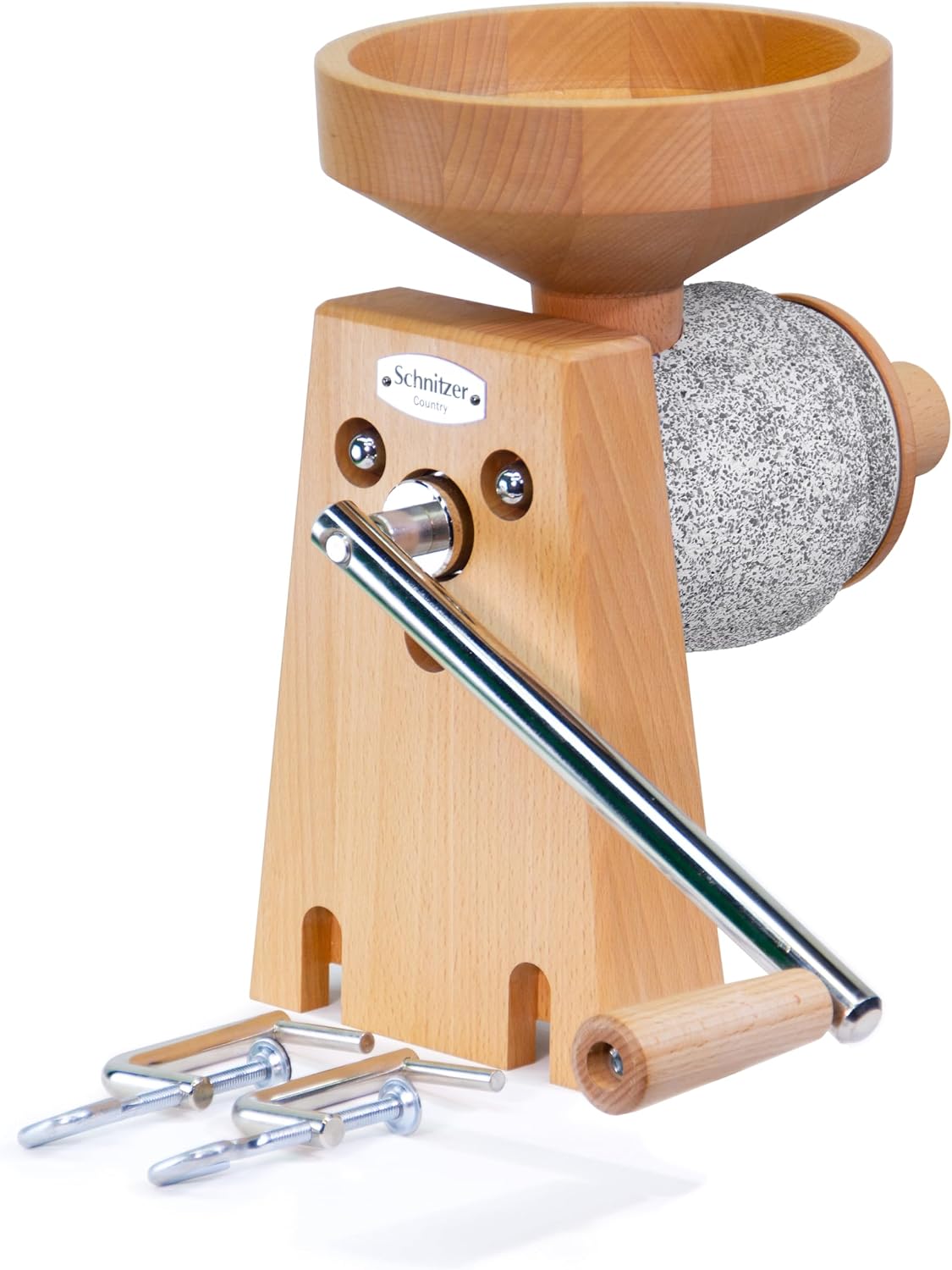 Schnitzer Manuelle Kaffeemühlen, Holz/Silber/Grau, Country Handgetreidemühle mit großem Basaltmahlwerk und, stufenlos einstellbar