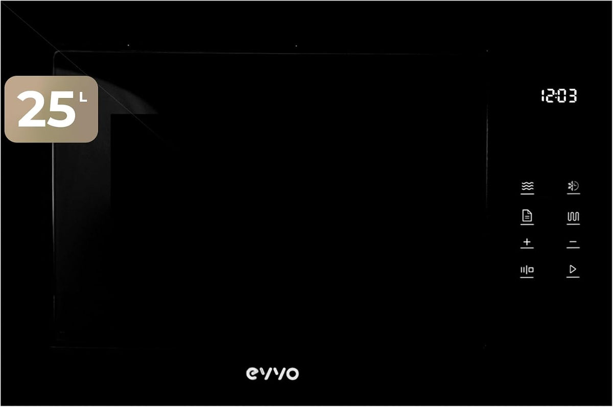 EVVO Mikrowelle, 1200 W, 25 l, Schwarz, Integrierte Mi45 Glas Bl, Fassungsvermögen, Grill, Tür und Rahmen mit Glanzeffekt