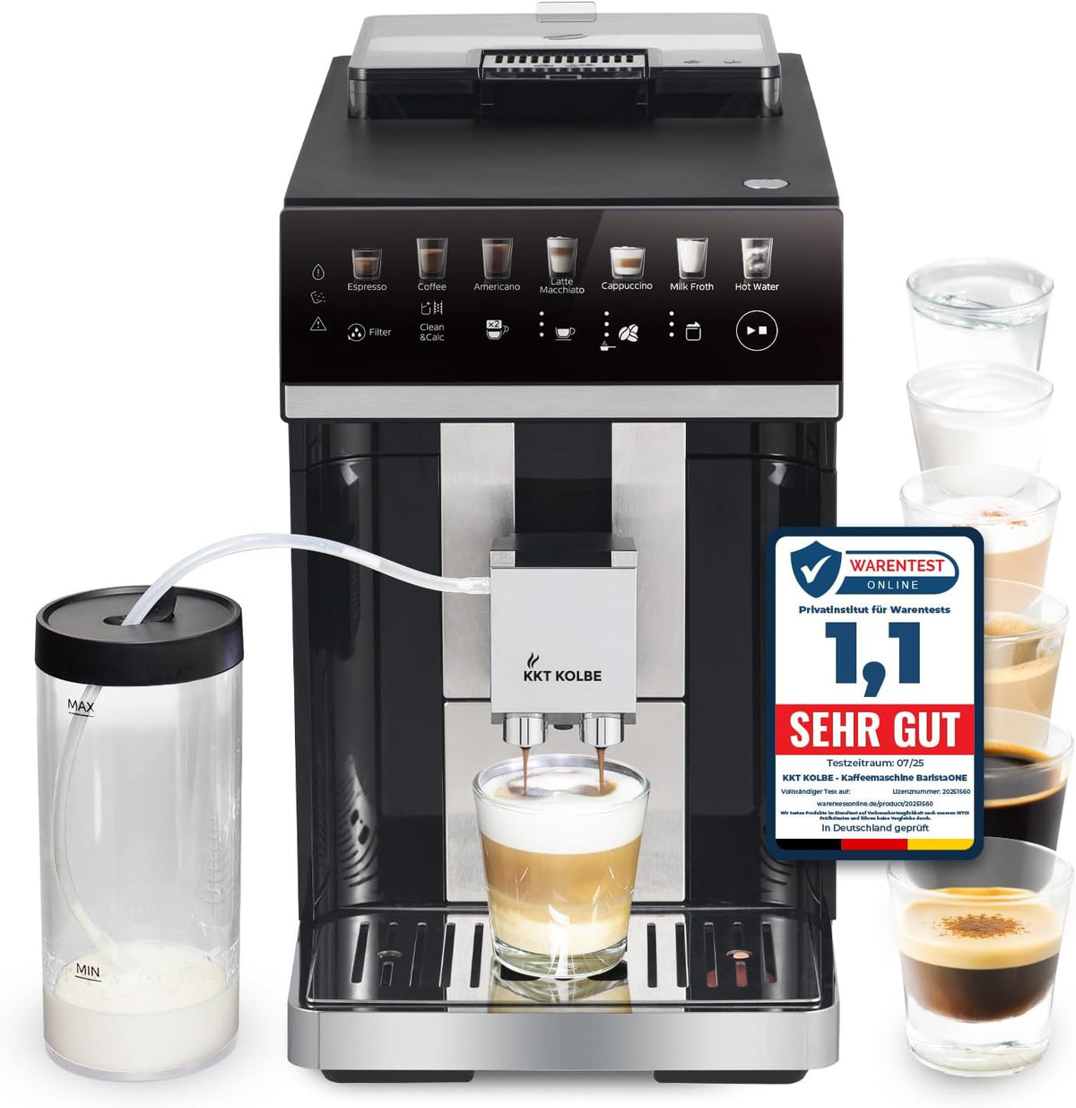 KKT KOLBE Kaffeevollautomat, 15 Bar, Schwarz/Silber, One mit Milchbehälter, Milchschaumdüse und Zubehör, 2 Tassen Funktion