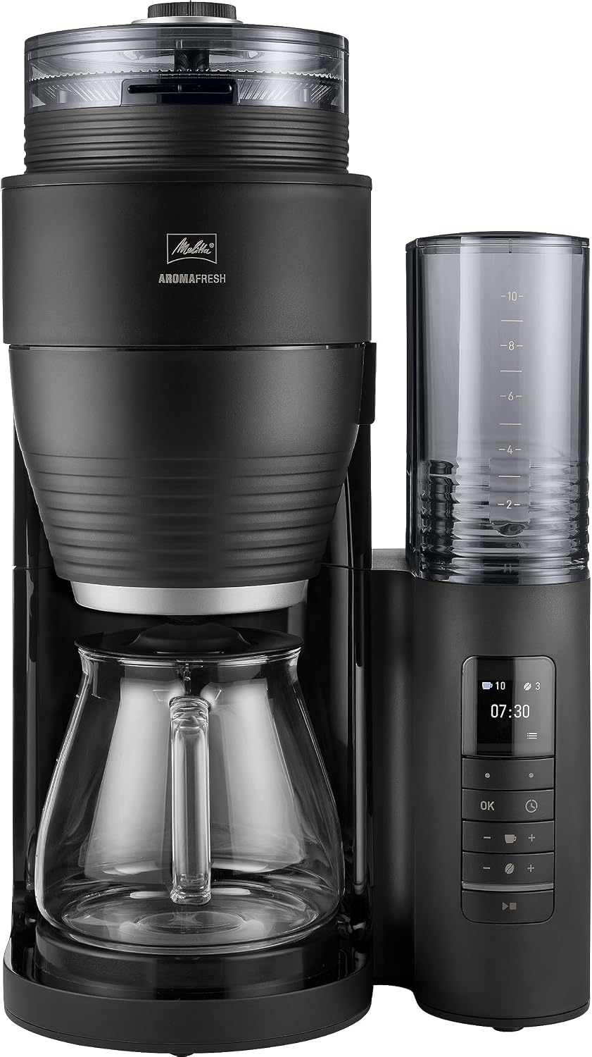 Melitta Kaffeemaschine, Schwarz/Silber, AromaFresh Pro X, Filter mit integriertem Mahlwerk, entnehmbarem Wassertank