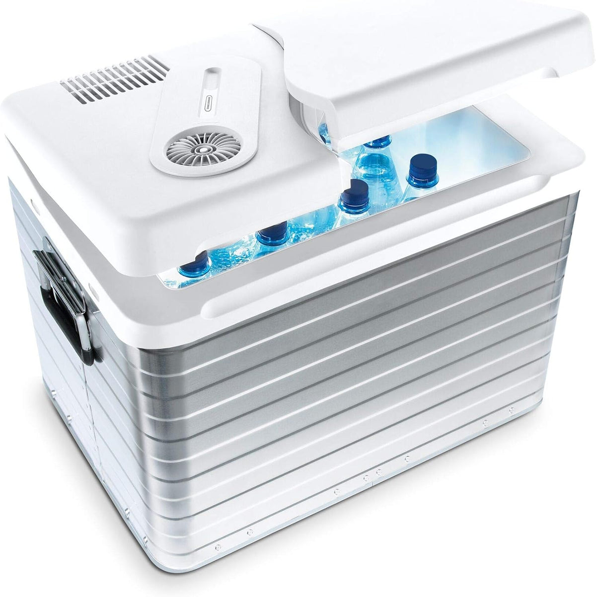 Mobicool Mini-Kühlschrank, 230 V, 39 L, Weiß/Silber, MQ40A UK‑Version elektrische Kühlbox, robuste Alu‑Kühlbox mit 12/ AC/DC