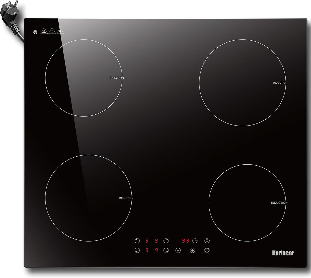 Karinear Kochfeld, 60 cm, 3500 W, 240 V, Schwarz, Induktions 4 Platten, Einbau Induktion mit Stecker, 9 Leistungsstufe