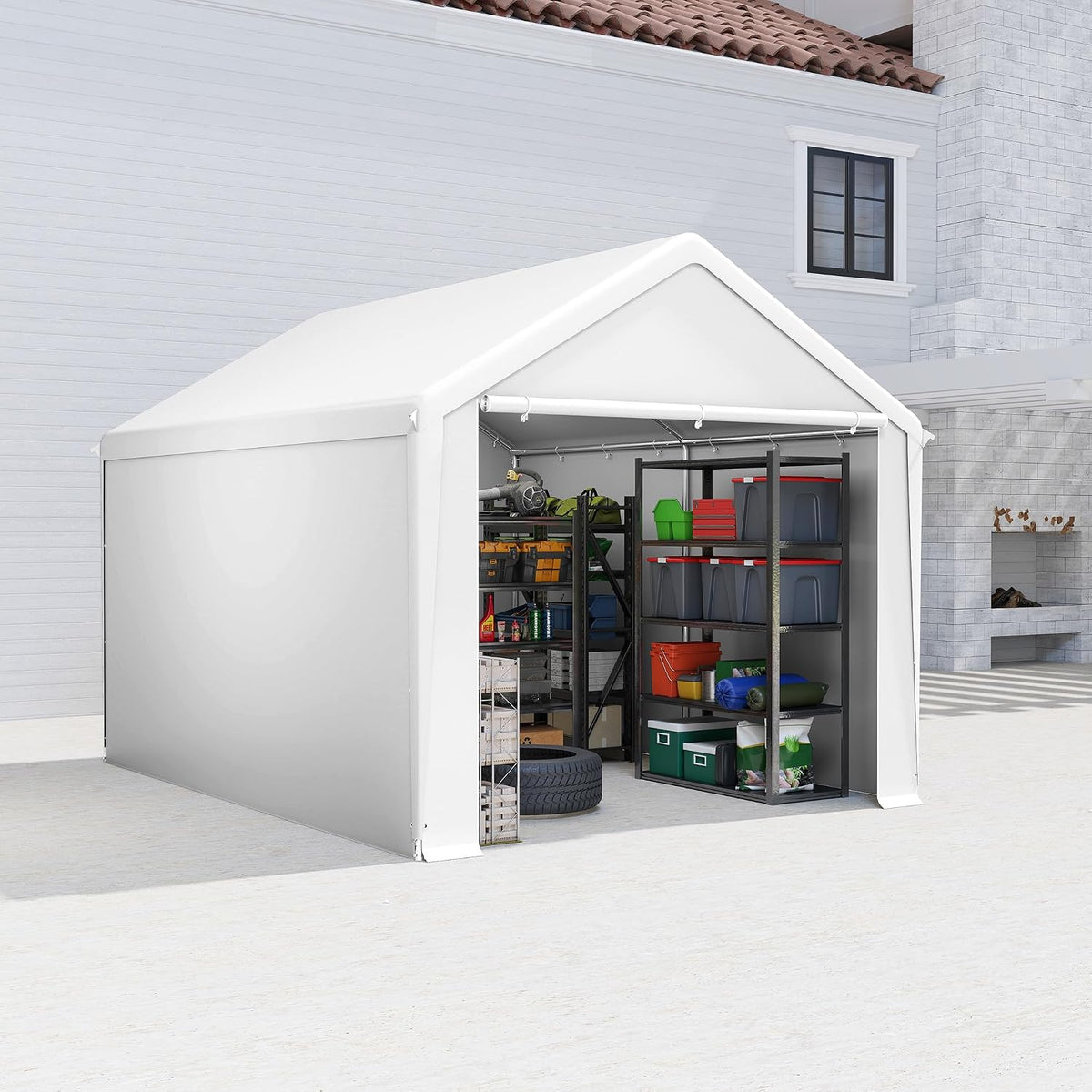 AufuN Carports, Weiß, Carport Zeltgarage 3x4m, Wasserdichtes Lagerzelt mit PE-Dach, Reißenresistenter Garagenzelt mit abnehmbaren Seitenwänden