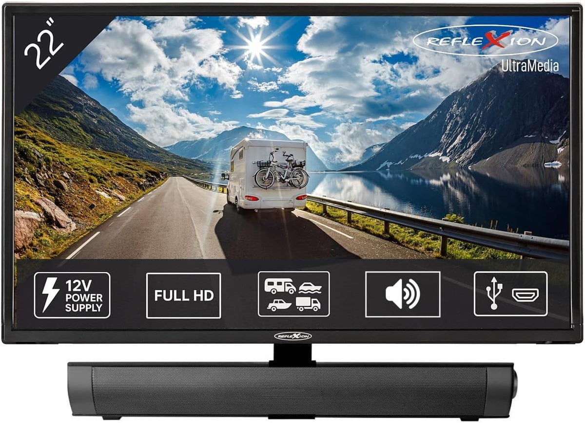 Reflexion Fernseher, 22 Zoll, 12 V, Schwarz, mit Soundbar - KFZ-Adapter für Wohnmobile und Wohnwagen -, USB - LED2225SB