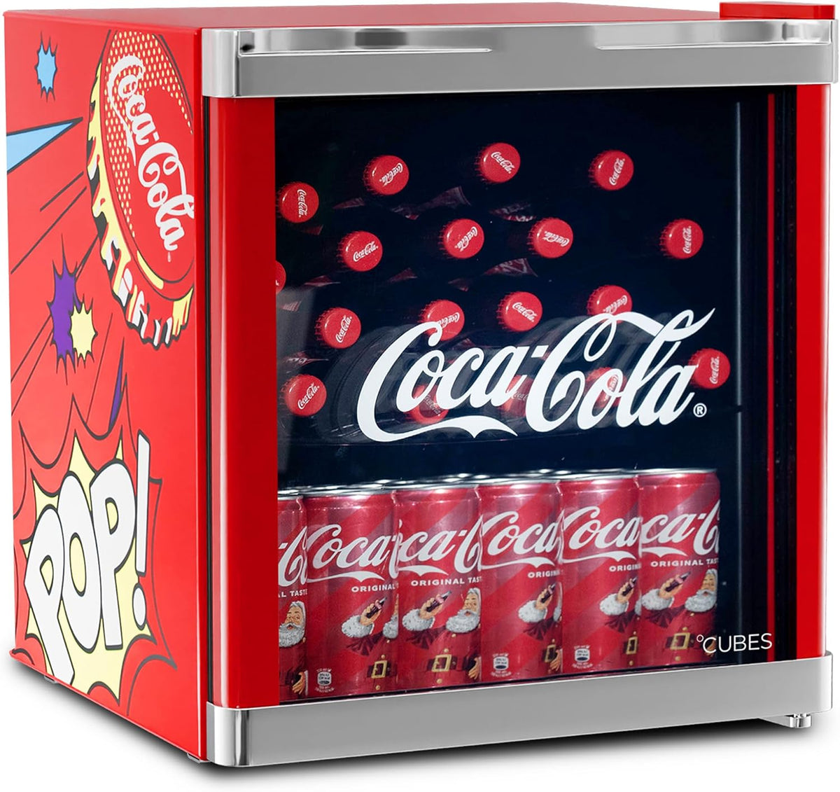 °CUBES Mini-Kühlschrank, 48 L, Rot, Original Coca-Cola PopArt Mini Kühlschrank -, Partys & Gaming - Cooler Flaschenkühlschrank - Für Getränke