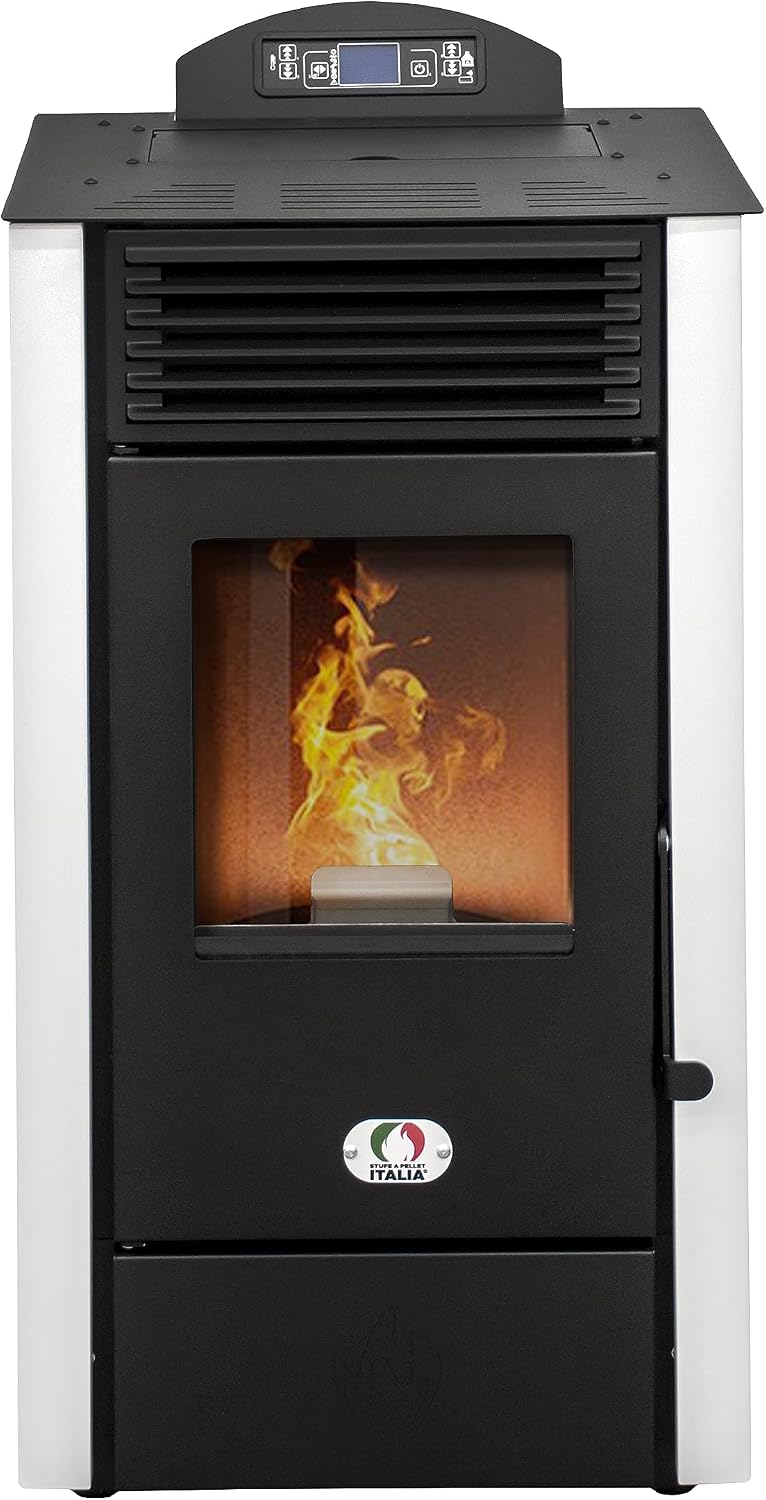 STUFE A PELLET ITALIA Öfen, 8 KW, 70m, Schwarz/Weiß, California, Effizienz 91% Heizt ² Autonomie 20 Std. Programmierbar 5