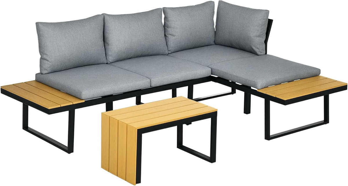 Sofa Outsunny, Dunkelgrau/Natur, 3-TLG. Gartenmöbel-Set, Balkonmöbel mit Sitzkissen, Gartenlounge-Set mit Doppel